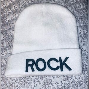 New , ROCK beanie . One size . White with Black letters .